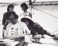 Ed Sanders, Anne Waldman, Eleni Sikelianos (back right), Naropa Summer Writing Program, circa mid-1990s
