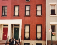 Allen Ginsberg, Anne Waldman in front of Anne's home on Macdougal Street, NYC